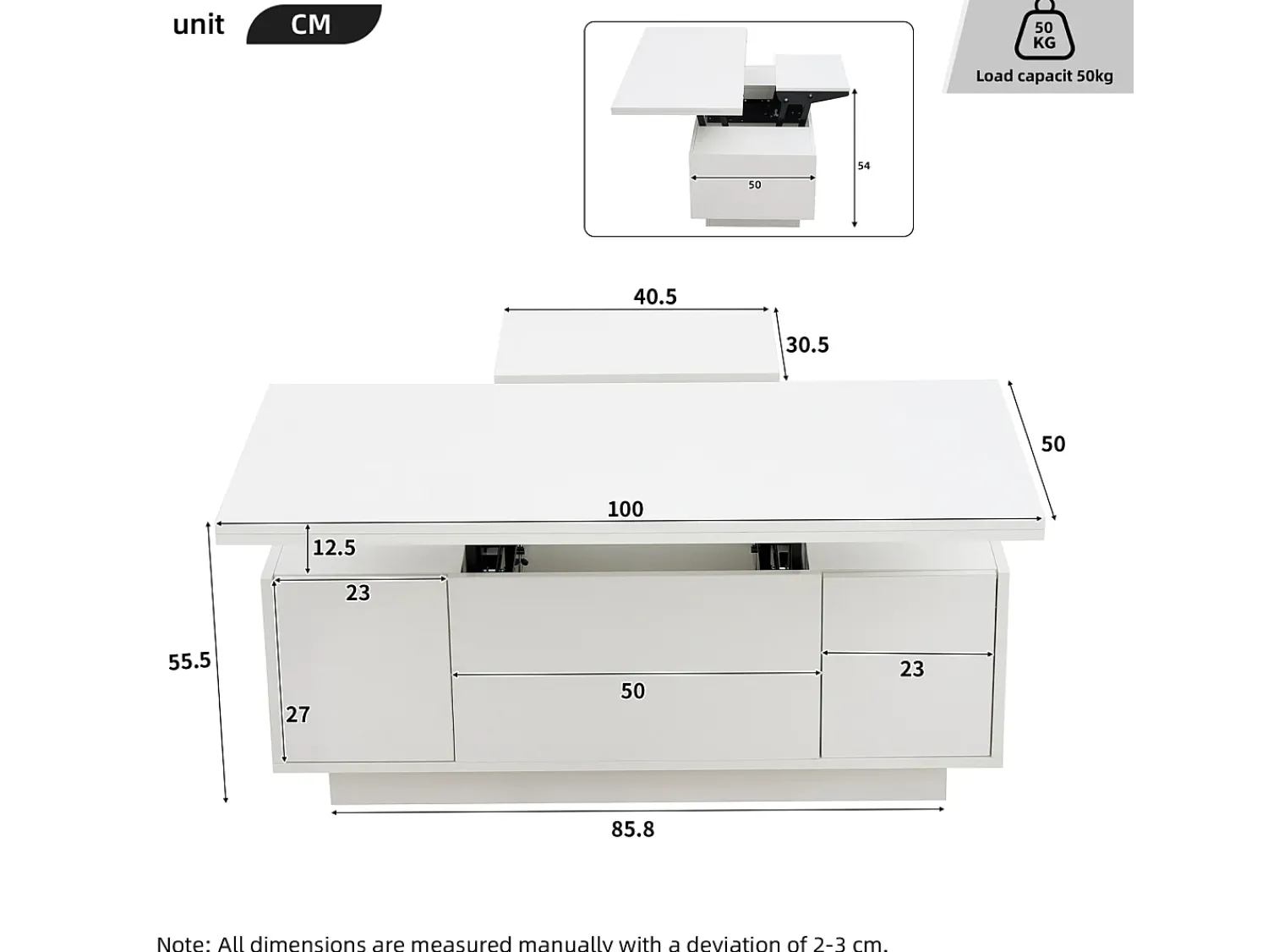 Mesa De Centro| Mesa de centro com 2 tampos eleváveis, mesa 3 em 1, 2 portas, para sala de estar, branca, 100 x 50 x 55 cm Branco
