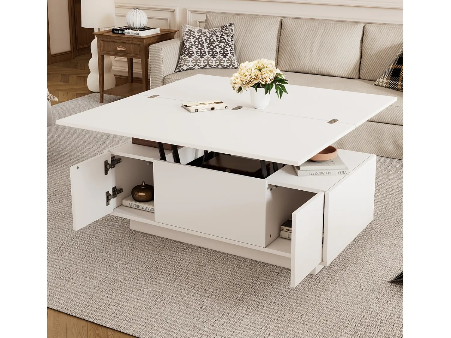 Mesa De Centro| Mesa de centro com 2 tampos eleváveis, mesa 3 em 1, 2 portas, para sala de estar, branca, 100 x 50 x 55 cm Branco