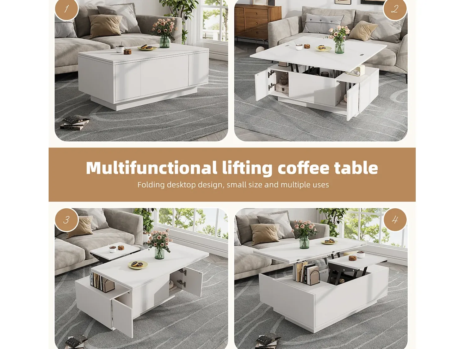Mesa De Centro| Mesa de centro com 2 tampos eleváveis, mesa 3 em 1, 2 portas, para sala de estar, branca, 100 x 50 x 55 cm Branco