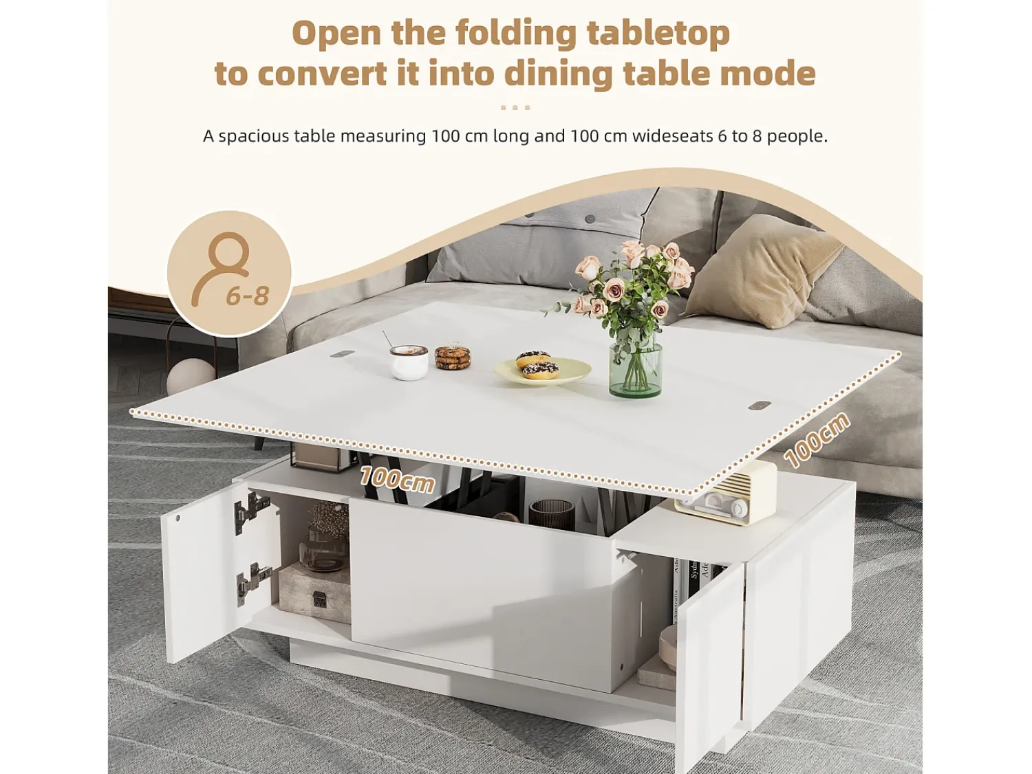 Mesa De Centro| Mesa de centro com 2 tampos eleváveis, mesa 3 em 1, 2 portas, para sala de estar, branca, 100 x 50 x 55 cm Branco