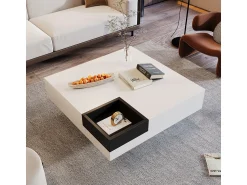 Mesa De Centro| Mesa de centro com acabamento brilhante em e preto, com bloco de cores e iluminação LED, 72x72x30 cm Branco