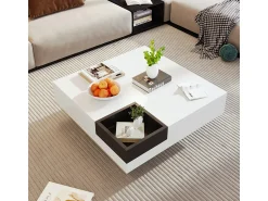 Mesa De Centro| Mesa de centro com acabamento brilhante em e preto, com bloco de cores e iluminação LED, 72x72x30 cm Branco