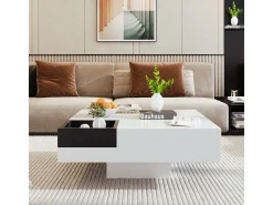 Mesa De Centro| Mesa de centro com acabamento brilhante em e preto, com bloco de cores e iluminação LED, 72x72x30 cm Branco
