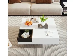 Mesa De Centro| Mesa de centro com acabamento brilhante em e preto, com bloco de cores e iluminação LED, 72x72x30 cm Branco