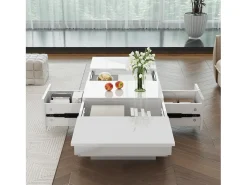 Online Mesa de centro com acabamento brilhante, 2 gavetas de arrumação, mesa de centro moderna e extensível, branca. Branco