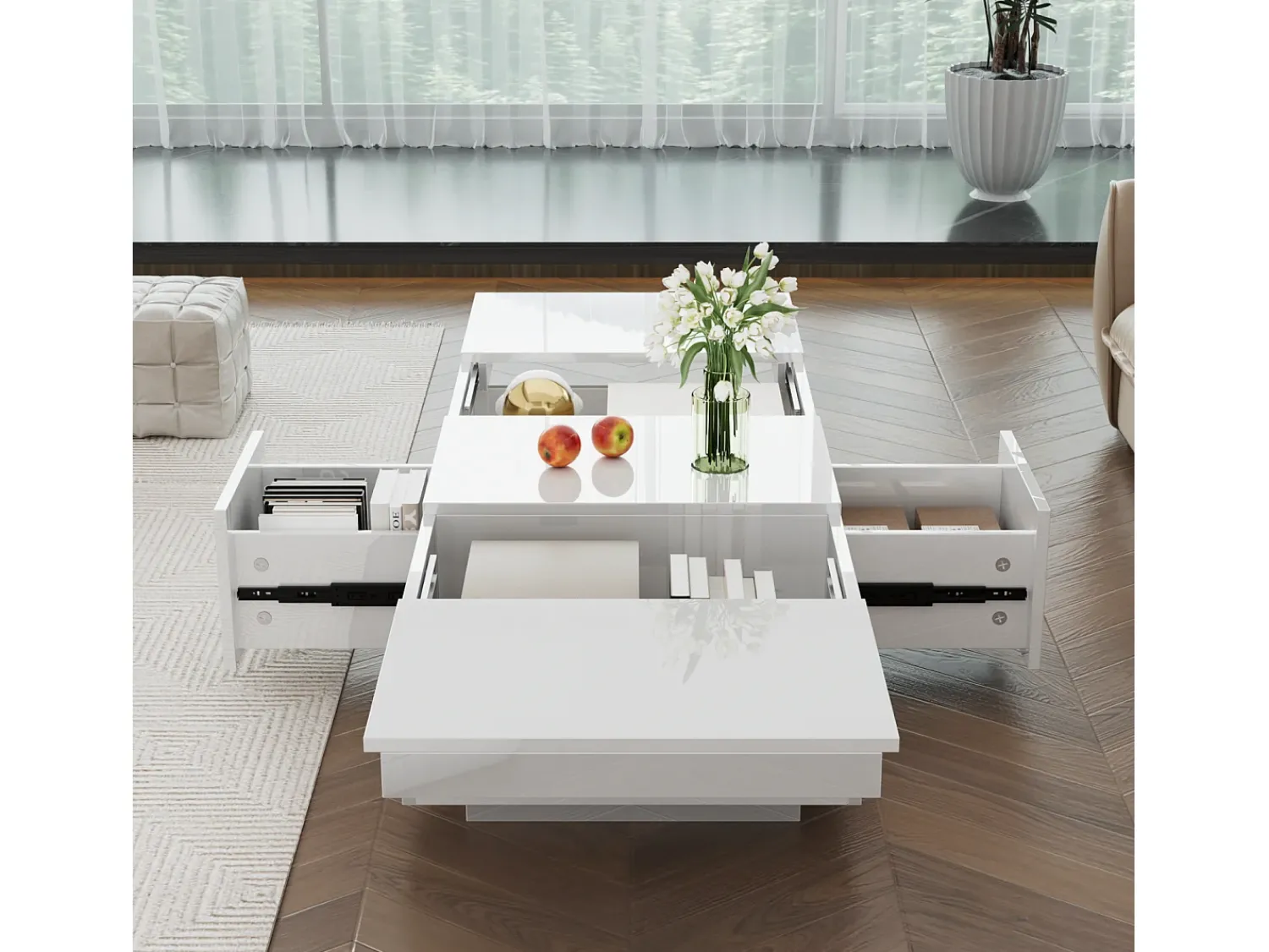 Online Mesa de centro com acabamento brilhante, 2 gavetas de arrumação, mesa de centro moderna e extensível, branca. Branco