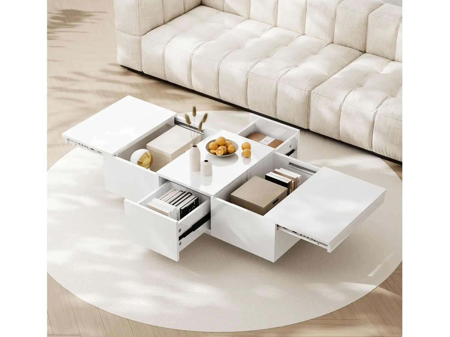 Online Mesa de centro com acabamento brilhante, 2 gavetas de arrumação, mesa de centro moderna e extensível, branca. Branco