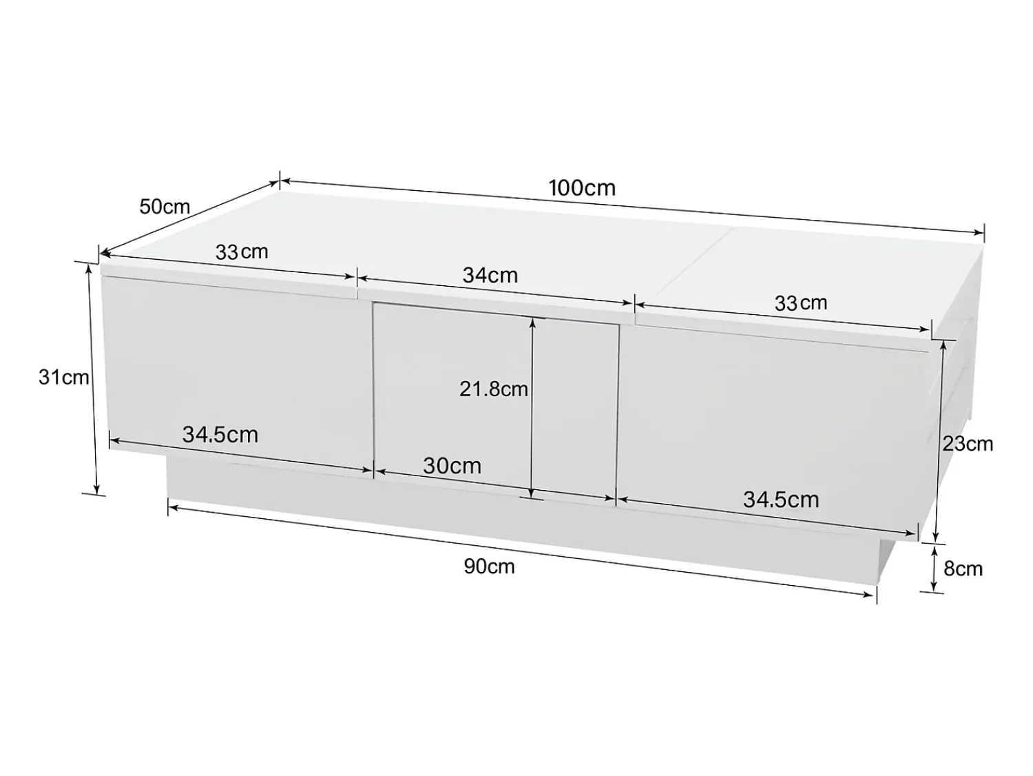 Online Mesa de centro com acabamento brilhante, 2 gavetas de arrumação, mesa de centro moderna e extensível, branca. Branco