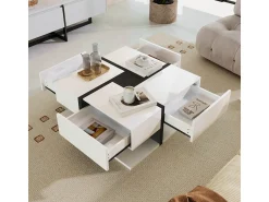 Mesa De Centro| Mesa de centro com acabamento brilhante, 4 gavetas, design exclusivo de cores e linhas, espaço para armazenamento. 78x78x36cm Branco