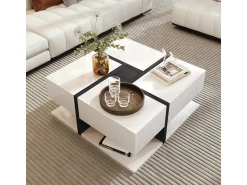 Mesa De Centro| Mesa de centro com acabamento brilhante, 4 gavetas, design exclusivo de cores e linhas, espaço para armazenamento. 78x78x36cm Branco
