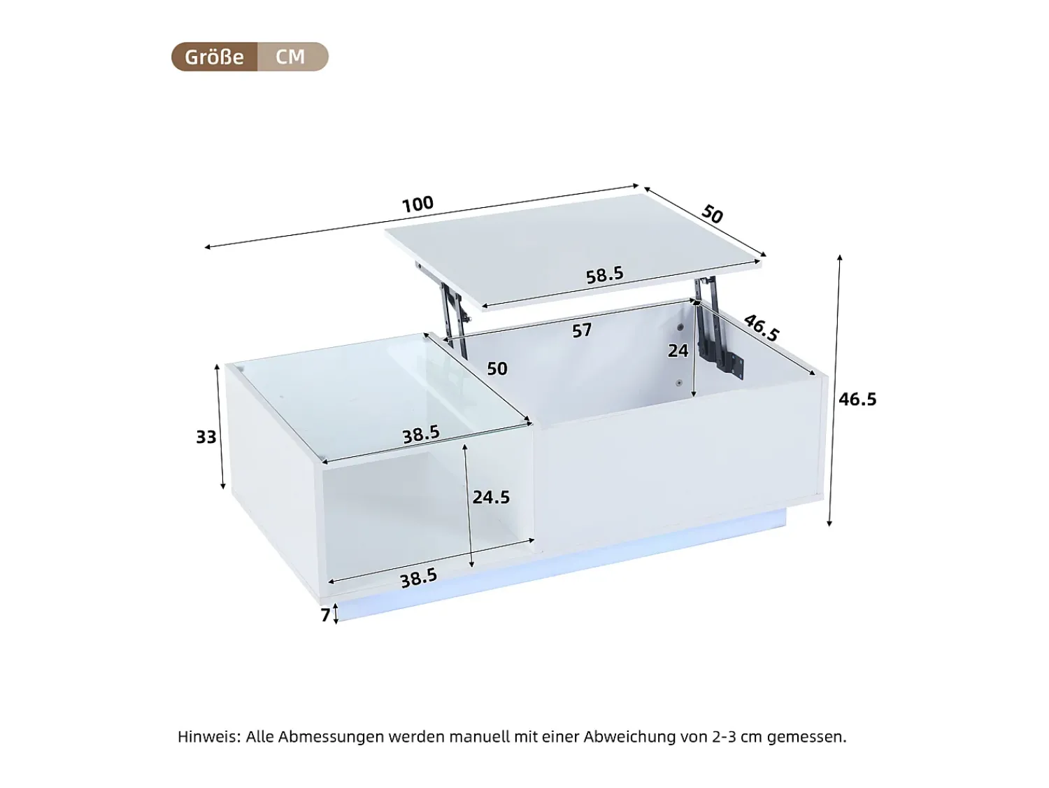 Mesa De Centro* Mesa de centro com altura ajustável, espaço de armazenamento oculto e prateleira, 50 x 100 x 33 cm, branca. Branco