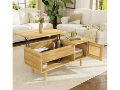 Mesa De Centro| Mesa de centro com altura ajustável - Compartimento de armazenamento oculto - Com tampo dobrável - Madeira Natural claro