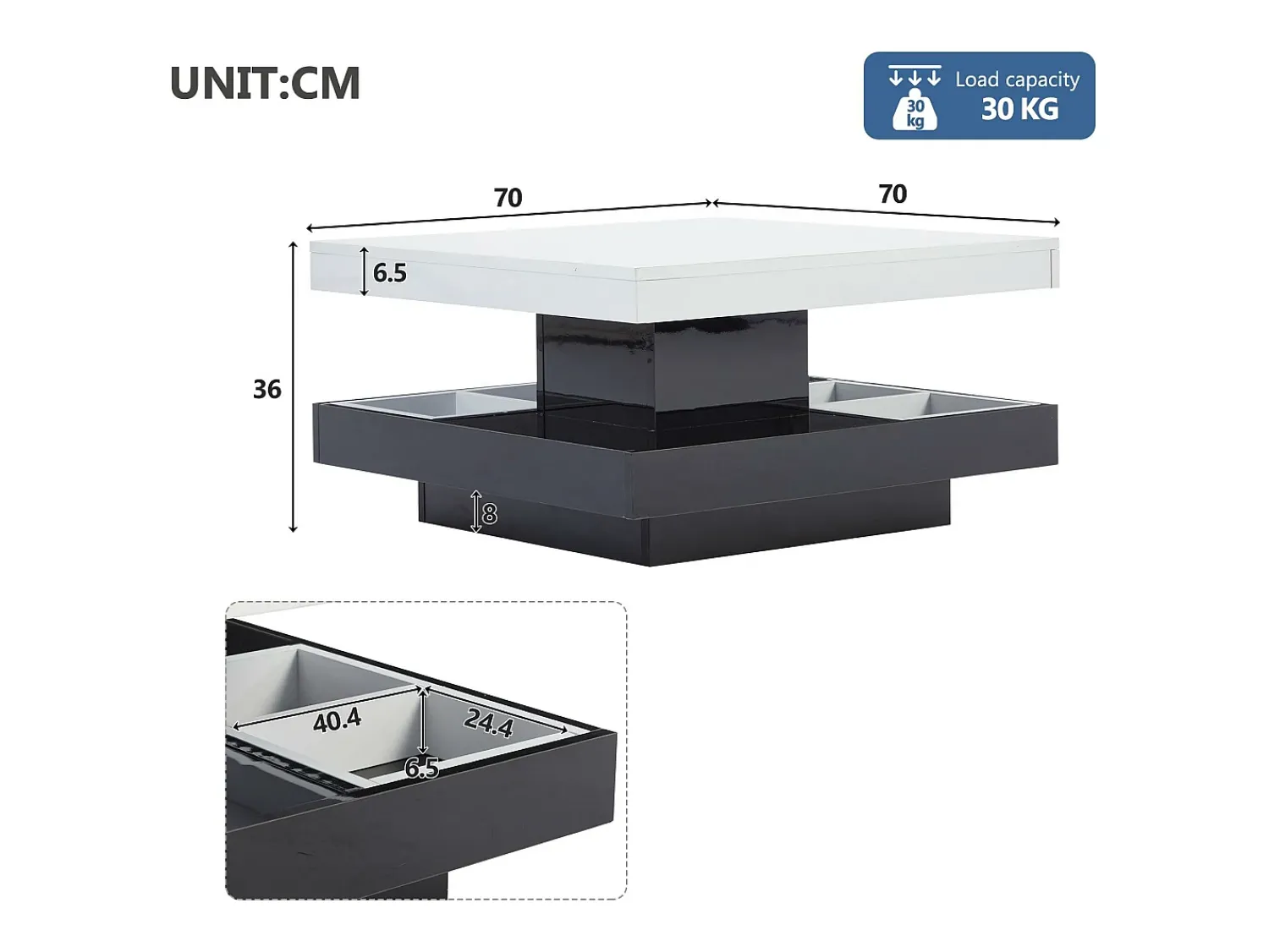 ModernLuxe Mesa de centro com arrumação 70x70x36 cm - tampo brilhante giratório 360° - Branco e Preto^ Mesa De Centro