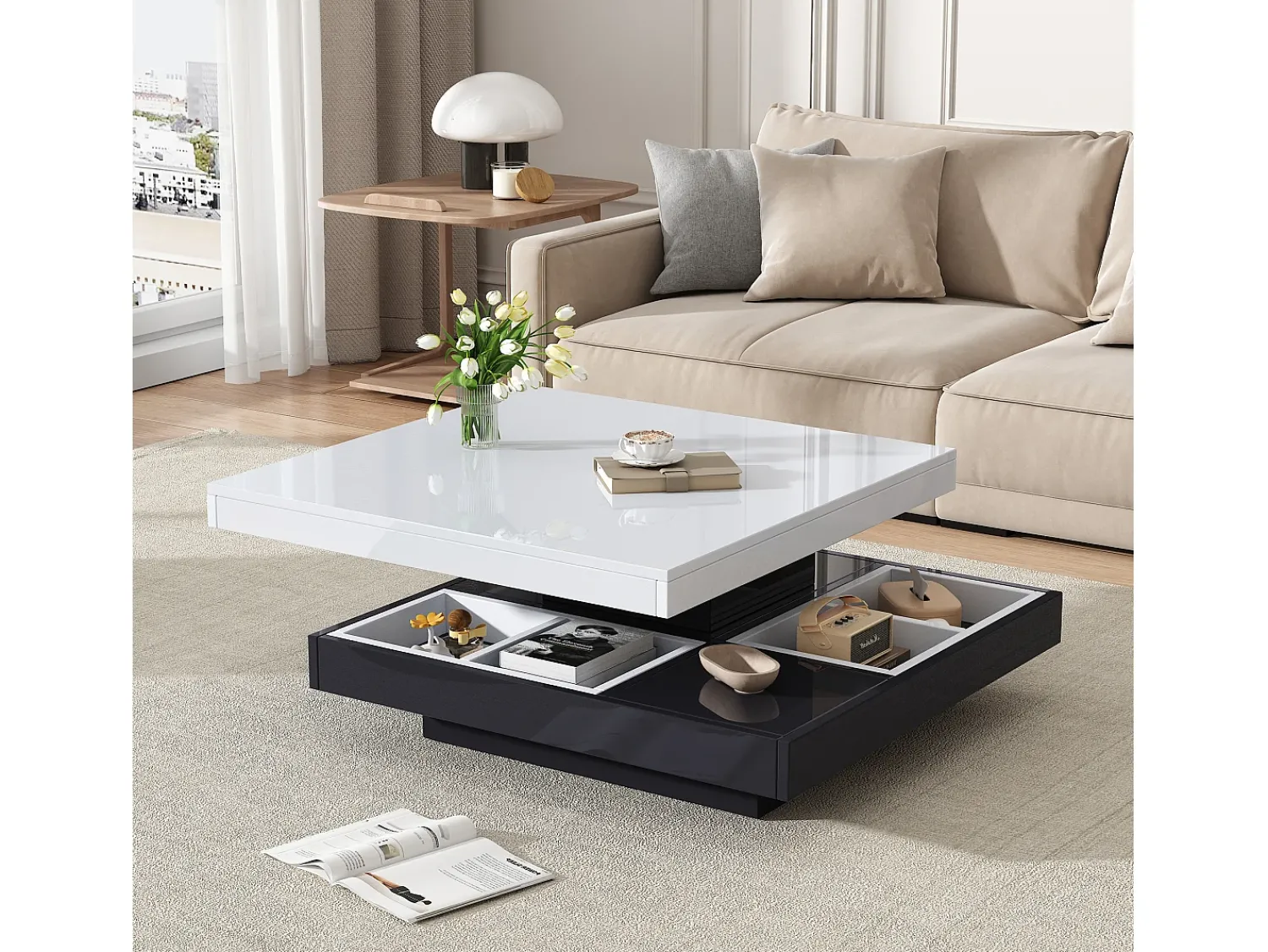 ModernLuxe Mesa de centro com arrumação 70x70x36 cm - tampo brilhante giratório 360° - Branco e Preto^ Mesa De Centro
