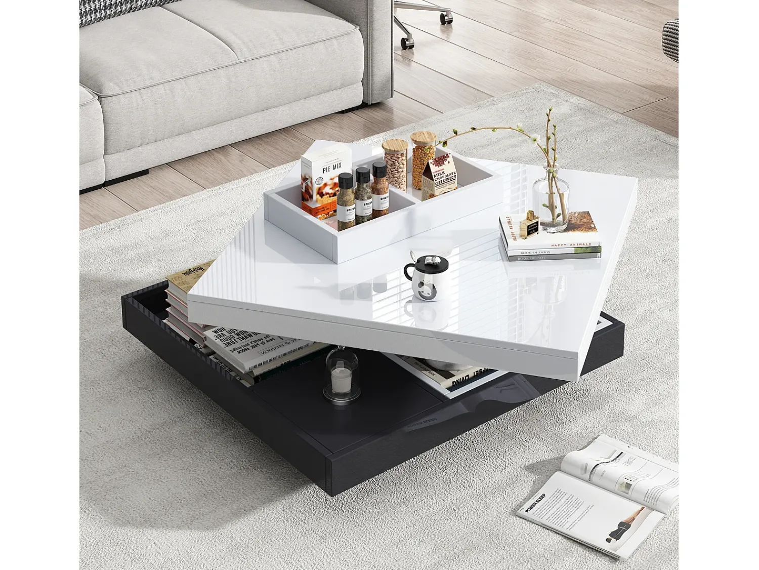 ModernLuxe Mesa de centro com arrumação 70x70x36 cm - tampo brilhante giratório 360° - Branco e Preto^ Mesa De Centro