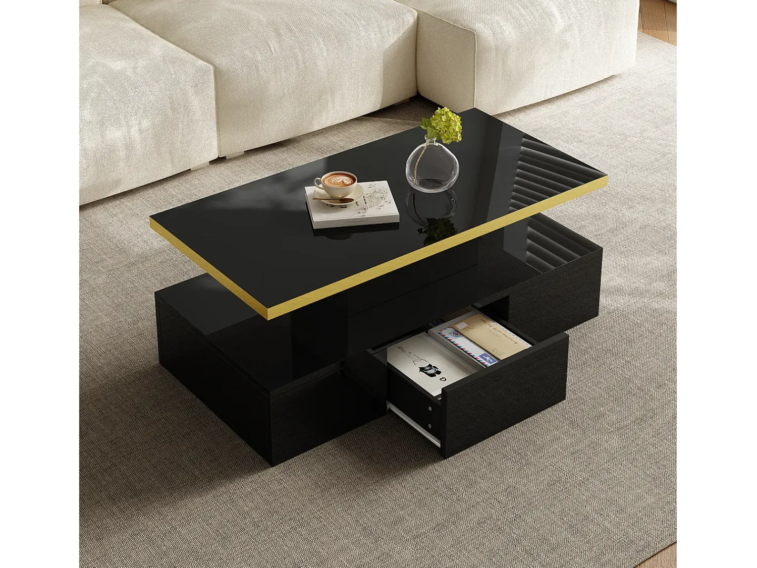 ModernLuxe Mesa de centro com arrumação com LED - aspeto brilhante -^ Mesa De Centro