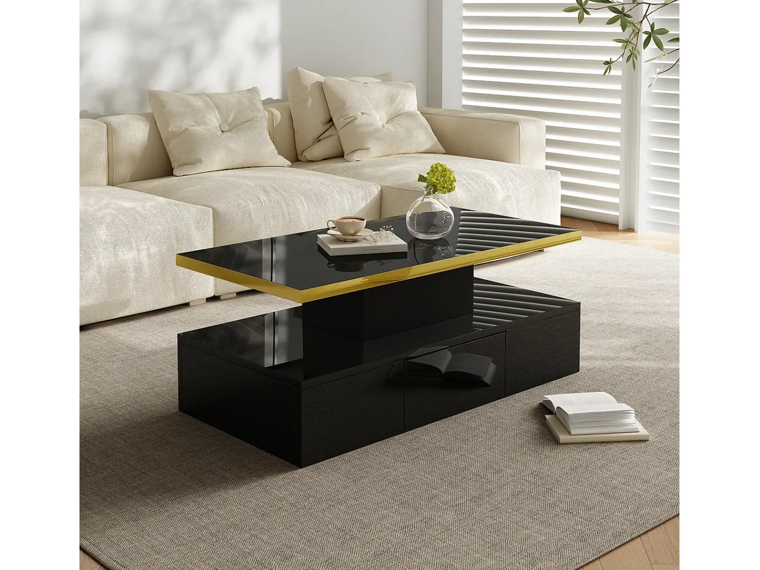 ModernLuxe Mesa de centro com arrumação com LED - aspeto brilhante -^ Mesa De Centro