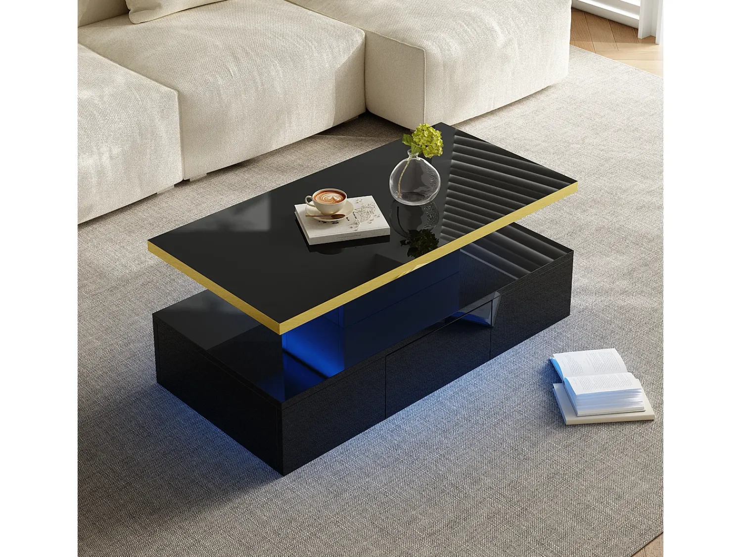 ModernLuxe Mesa de centro com arrumação com LED - aspeto brilhante -^ Mesa De Centro