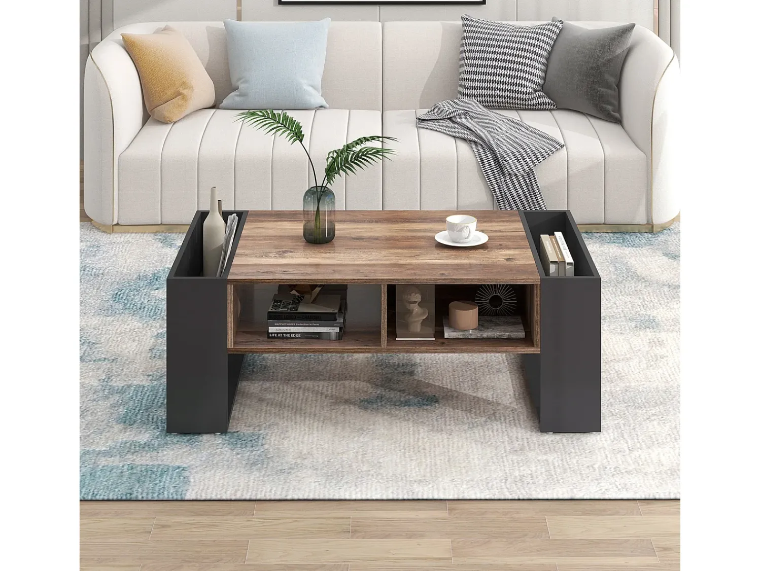 Mesa De Centro| Mesa de centro com compartimentos de armazenamento em ambos os lados, mesa de sofá para sala de estar, madeira + cinza escuro Natural escuro