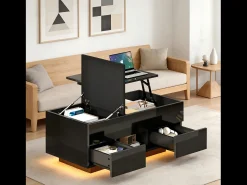 Merax Mesa de centro com elevatório e acabamento laqueado de alto brilho - 100 x 45 x 43 cm - com 2 gavetas + LEDs + espaço de armazenamento oculto - aglomerado -^ Mesa De Centro
