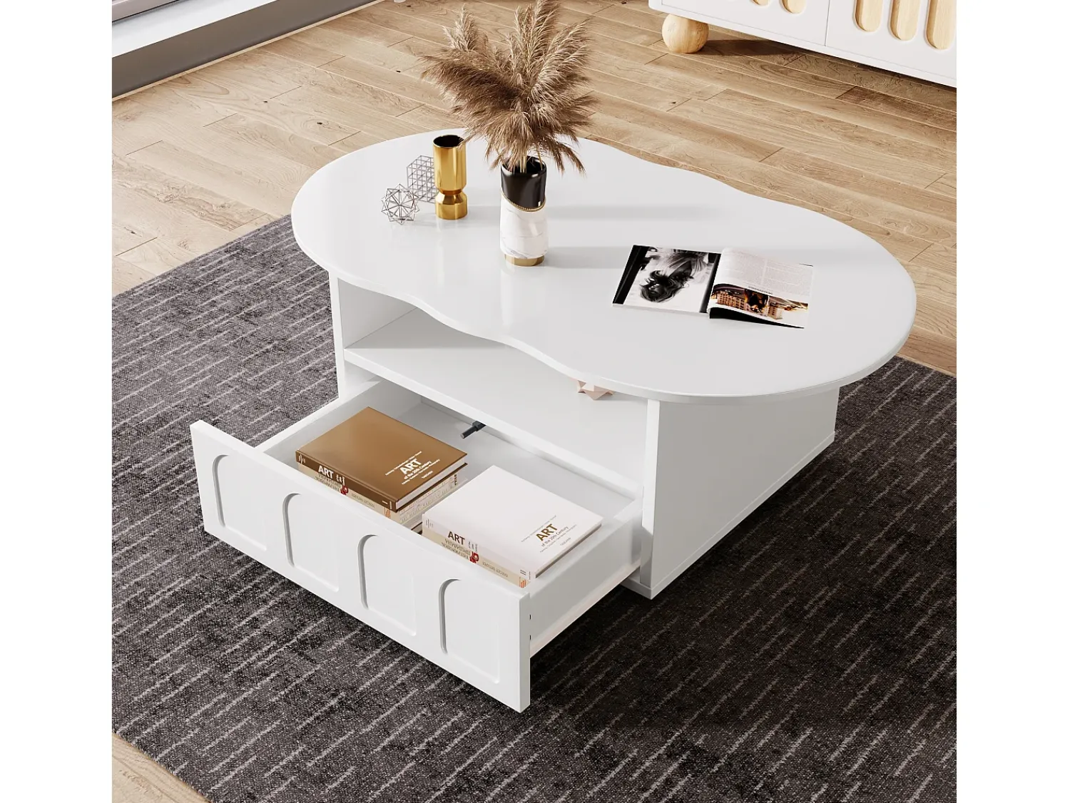 Mesa De Centro*Merax Mesa de centro com gaveta e compartimento - 100 x 60 x 39,2 cm - Aglomerado - Formato de nuvem - Cor branca Branco
