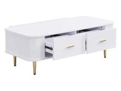 KOMHTOM Mesa de centro com gavetas, cantos curvos, mesa de centro com laterais onduladas, pegas e pés dourados, mesa de apoio^ Mesa De Centro