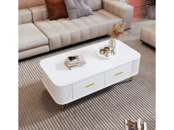 KOMHTOM Mesa de centro com gavetas, cantos curvos, mesa de centro com laterais onduladas, pegas e pés dourados, mesa de apoio^ Mesa De Centro