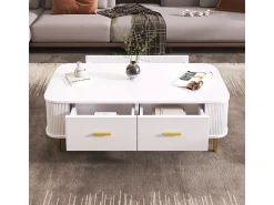 KOMHTOM Mesa de centro com gavetas, cantos curvos, mesa de centro com laterais onduladas, pegas e pés dourados, mesa de apoio^ Mesa De Centro