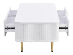 KOMHTOM Mesa de centro com gavetas, cantos curvos, mesa de centro com laterais onduladas, pegas e pés dourados, mesa de apoio^ Mesa De Centro