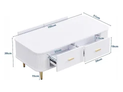 KOMHTOM Mesa de centro com gavetas, cantos curvos, mesa de centro com laterais onduladas, pegas e pés dourados, mesa de apoio^ Mesa De Centro
