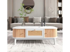 Mesa de centro com gavetas e portas de correr, mesa de sala de estar com espaço de armazenamento, branca^ Mesa De Centro