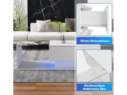 Mesa De Centro*Merax Mesa de centro com gaveta grande - 100x50x32 cm - LEDs - tampo de vidro - Aglomerado - brilhante Branco