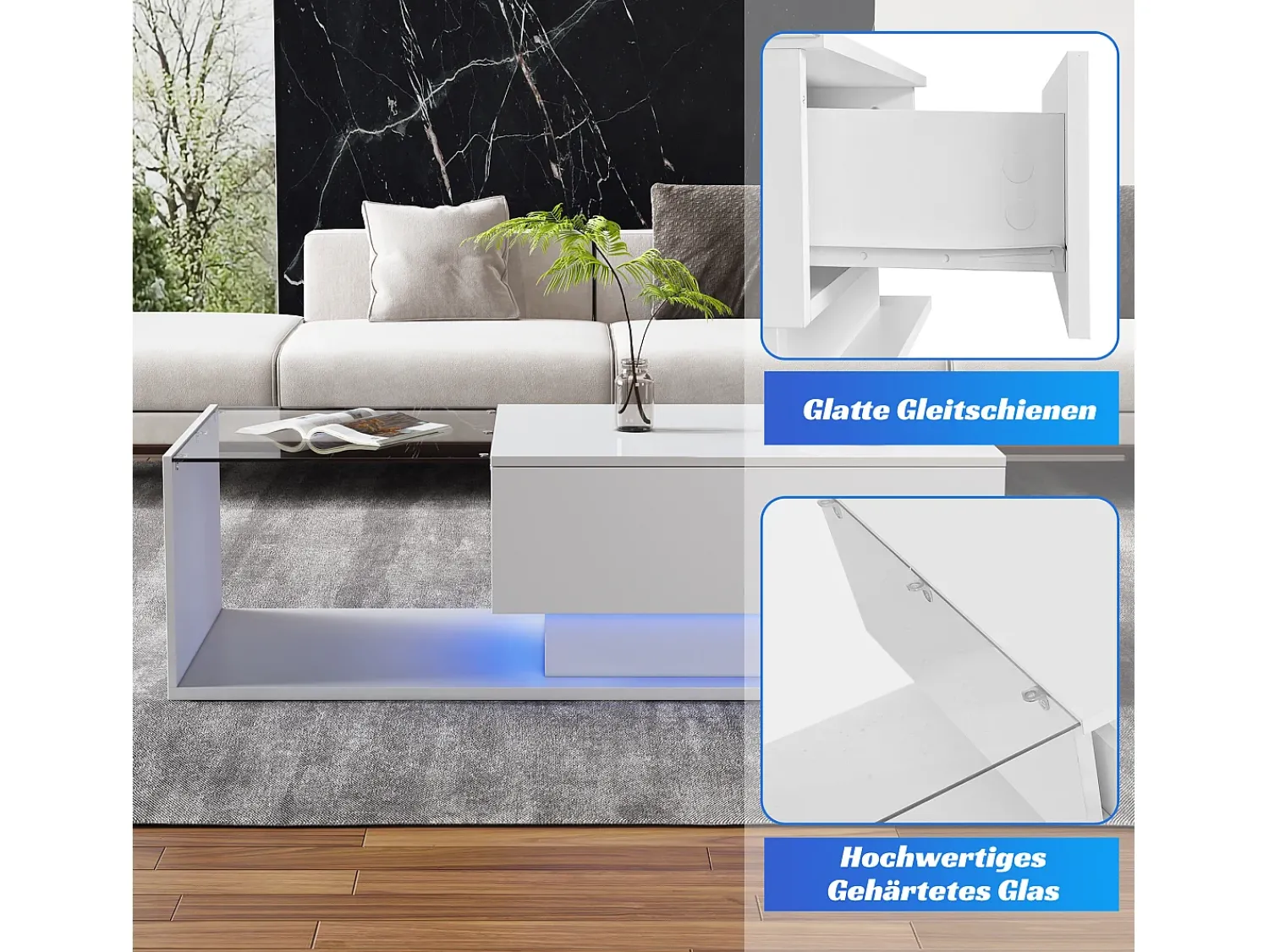 Mesa De Centro*Merax Mesa de centro com gaveta grande - 100x50x32 cm - LEDs - tampo de vidro - Aglomerado - brilhante Branco