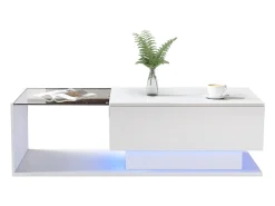 Mesa De Centro*Merax Mesa de centro com gaveta grande - 100x50x32 cm - LEDs - tampo de vidro - Aglomerado - brilhante Branco