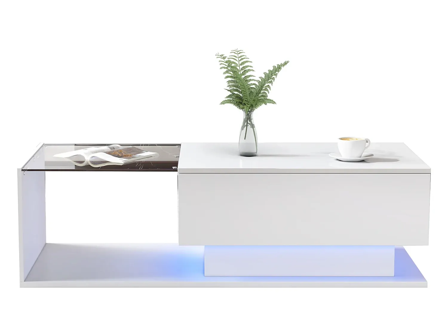 Mesa De Centro*Merax Mesa de centro com gaveta grande - 100x50x32 cm - LEDs - tampo de vidro - Aglomerado - brilhante Branco