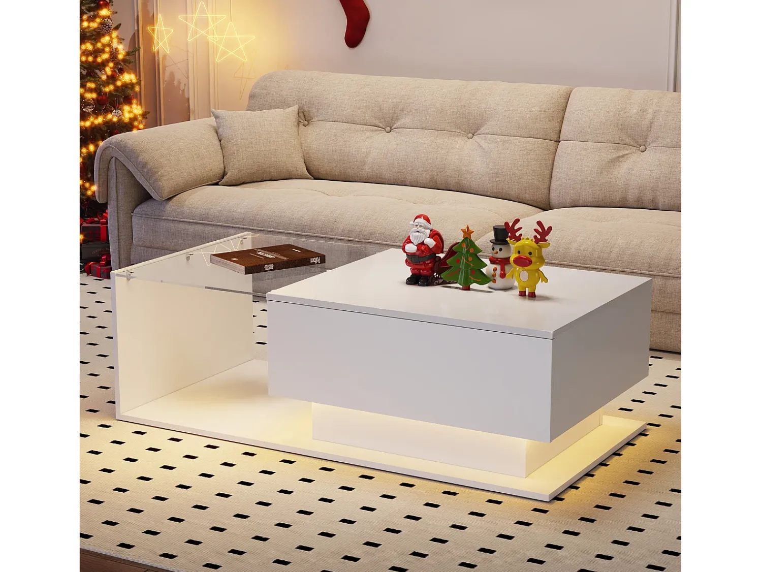 Mesa De Centro*Merax Mesa de centro com gaveta grande - 100x50x32 cm - LEDs - tampo de vidro - Aglomerado - brilhante Branco