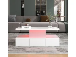 Mesa De Centro| Mesa de centro com gavetas, lacado de alto brilho, mesa com dois níveis de arrumação, luz LED, 100 C x 50 L x 39 A cm Branco