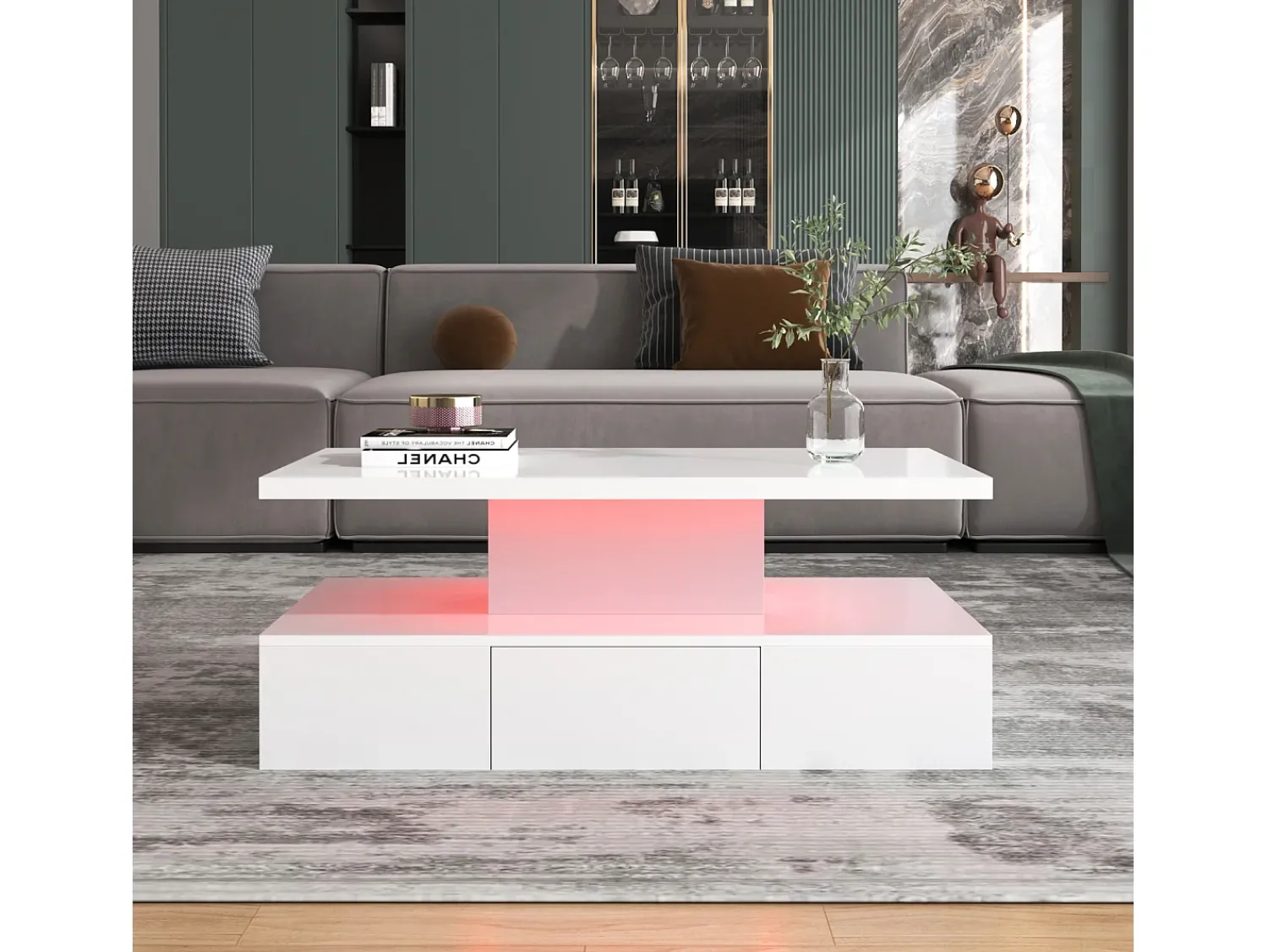 Mesa De Centro| Mesa de centro com gavetas, lacado de alto brilho, mesa com dois níveis de arrumação, luz LED, 100 C x 50 L x 39 A cm Branco