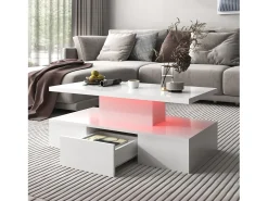 Mesa De Centro| Mesa de centro com gavetas, lacado de alto brilho, mesa com dois níveis de arrumação, luz LED, 100 C x 50 L x 39 A cm Branco