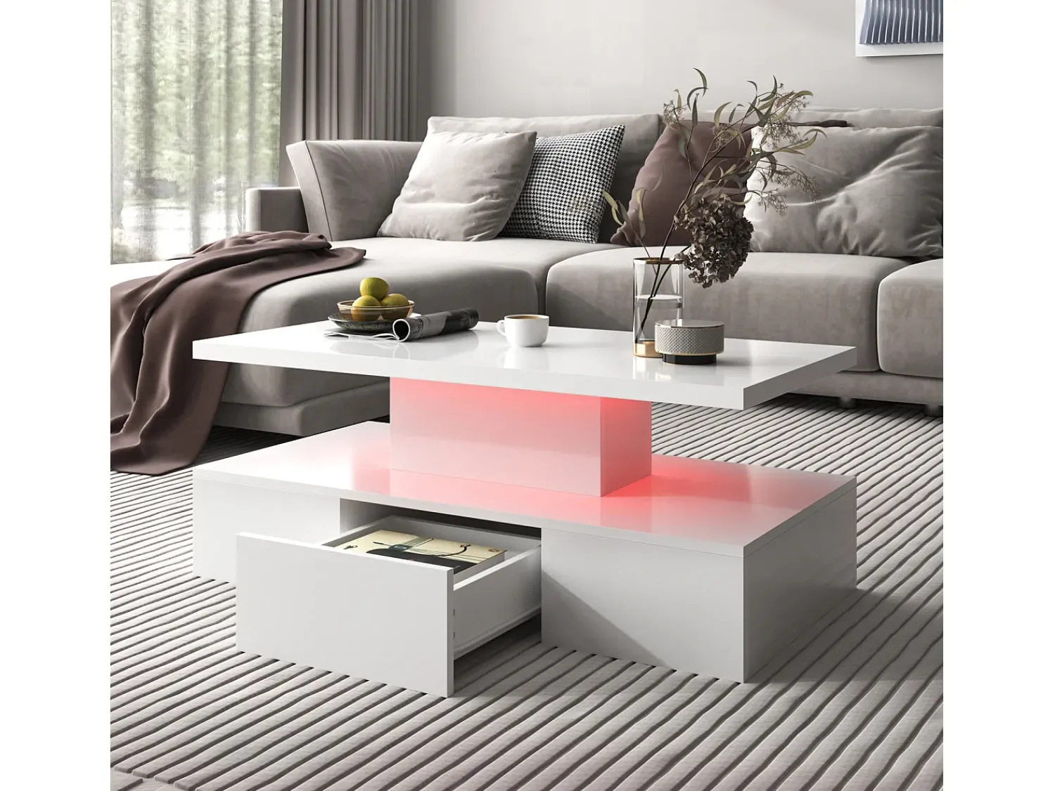 Mesa De Centro| Mesa de centro com gavetas, lacado de alto brilho, mesa com dois níveis de arrumação, luz LED, 100 C x 50 L x 39 A cm Branco