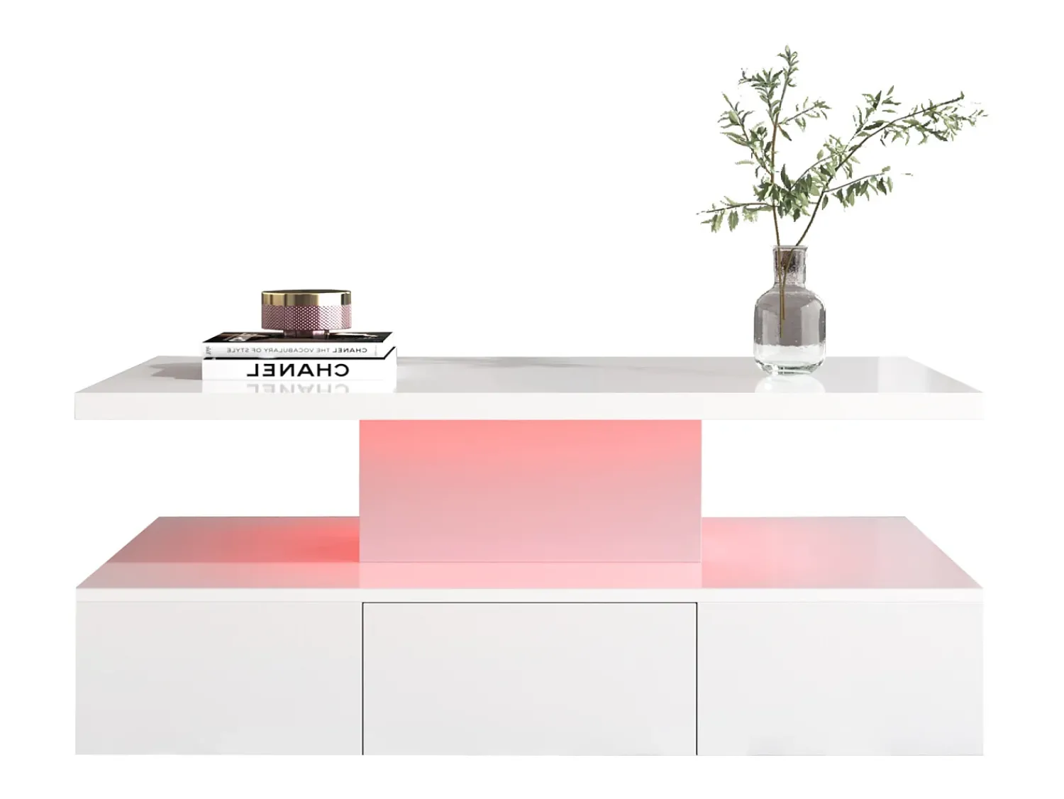 Mesa De Centro| Mesa de centro com gavetas, lacado de alto brilho, mesa com dois níveis de arrumação, luz LED, 100 C x 50 L x 39 A cm Branco