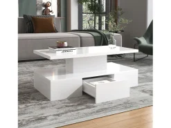 Mesa De Centro| Mesa de centro com gavetas, lacado de alto brilho, mesa com dois níveis de arrumação, luz LED, 100 C x 50 L x 39 A cm Branco