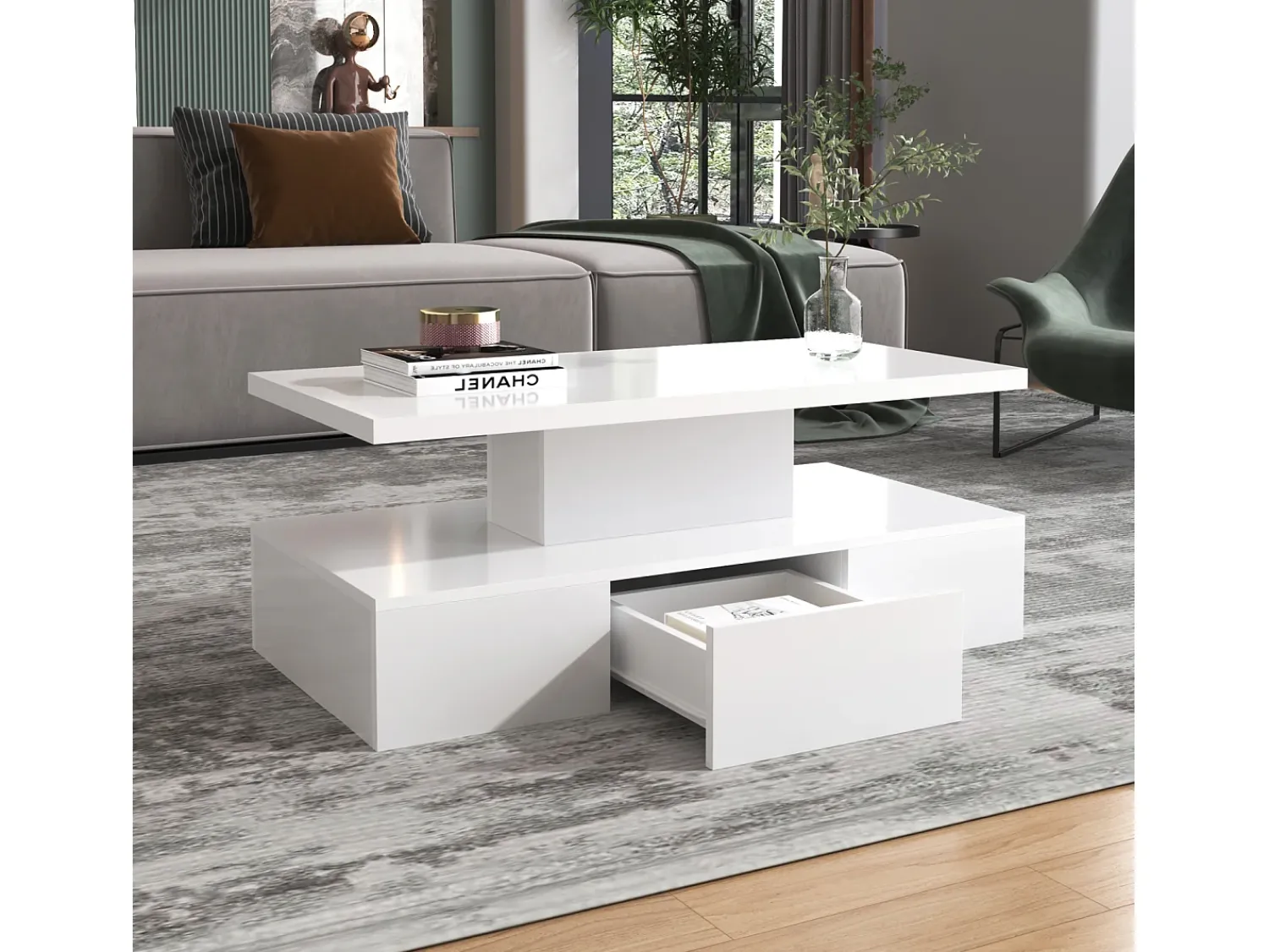 Mesa De Centro| Mesa de centro com gavetas, lacado de alto brilho, mesa com dois níveis de arrumação, luz LED, 100 C x 50 L x 39 A cm Branco