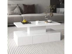 Mesa De Centro| Mesa de centro com gavetas, lacado de alto brilho, mesa com dois níveis de arrumação, luz LED, 100 C x 50 L x 39 A cm Branco