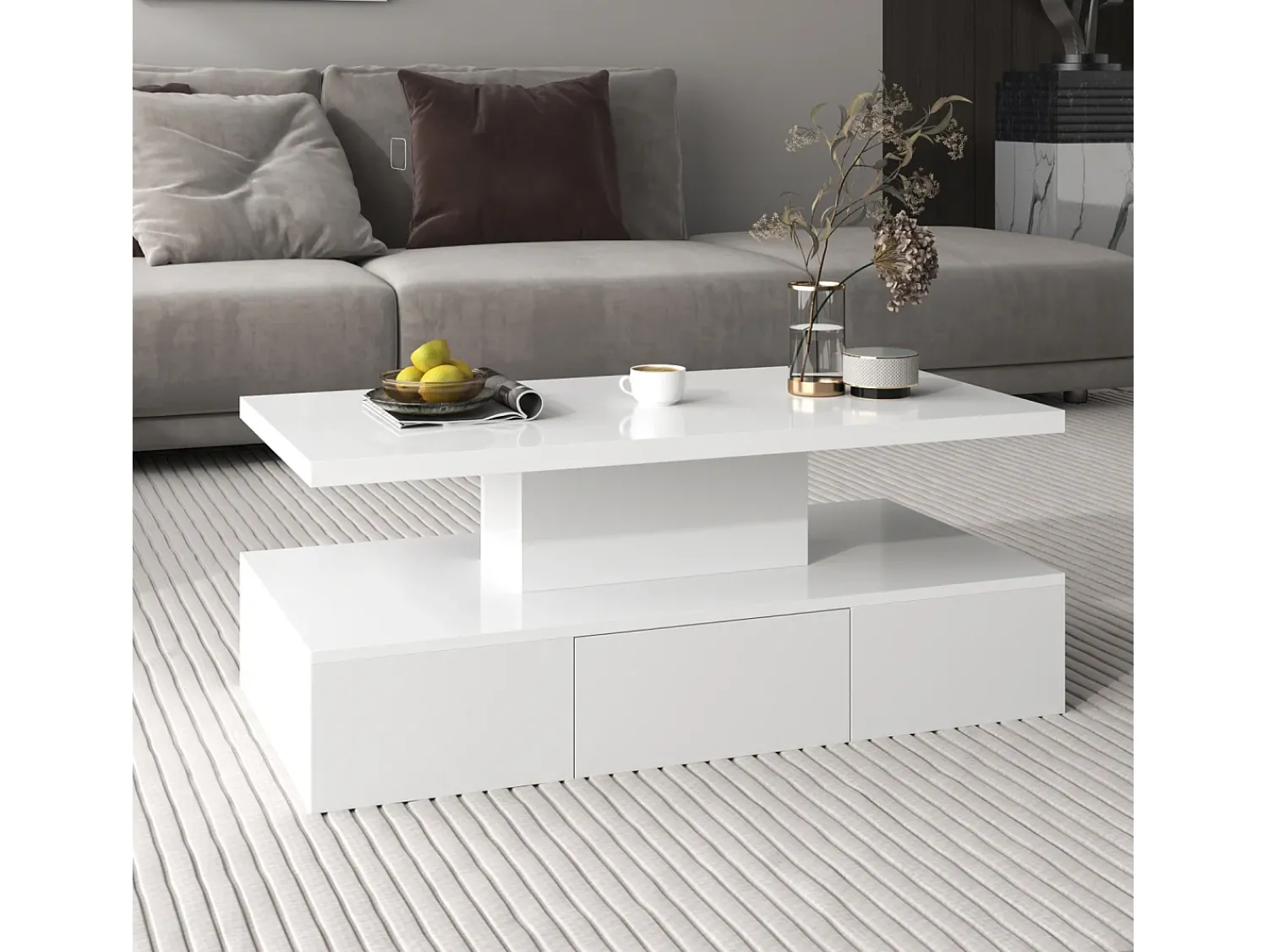 Mesa De Centro| Mesa de centro com gavetas, lacado de alto brilho, mesa com dois níveis de arrumação, luz LED, 100 C x 50 L x 39 A cm Branco