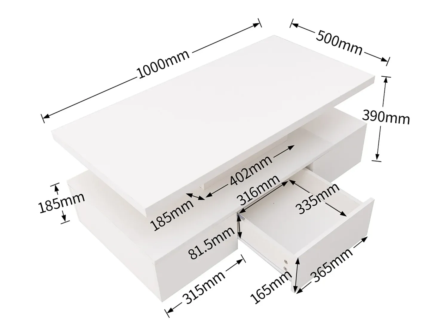 Mesa De Centro| Mesa de centro com gavetas, lacado de alto brilho, mesa com dois níveis de arrumação, luz LED, 100 C x 50 L x 39 A cm Branco