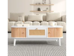 Mesa de centro com gavetas e portas de correr, mesa de sala de estar com espaço de armazenamento, branca^ Mesa De Centro