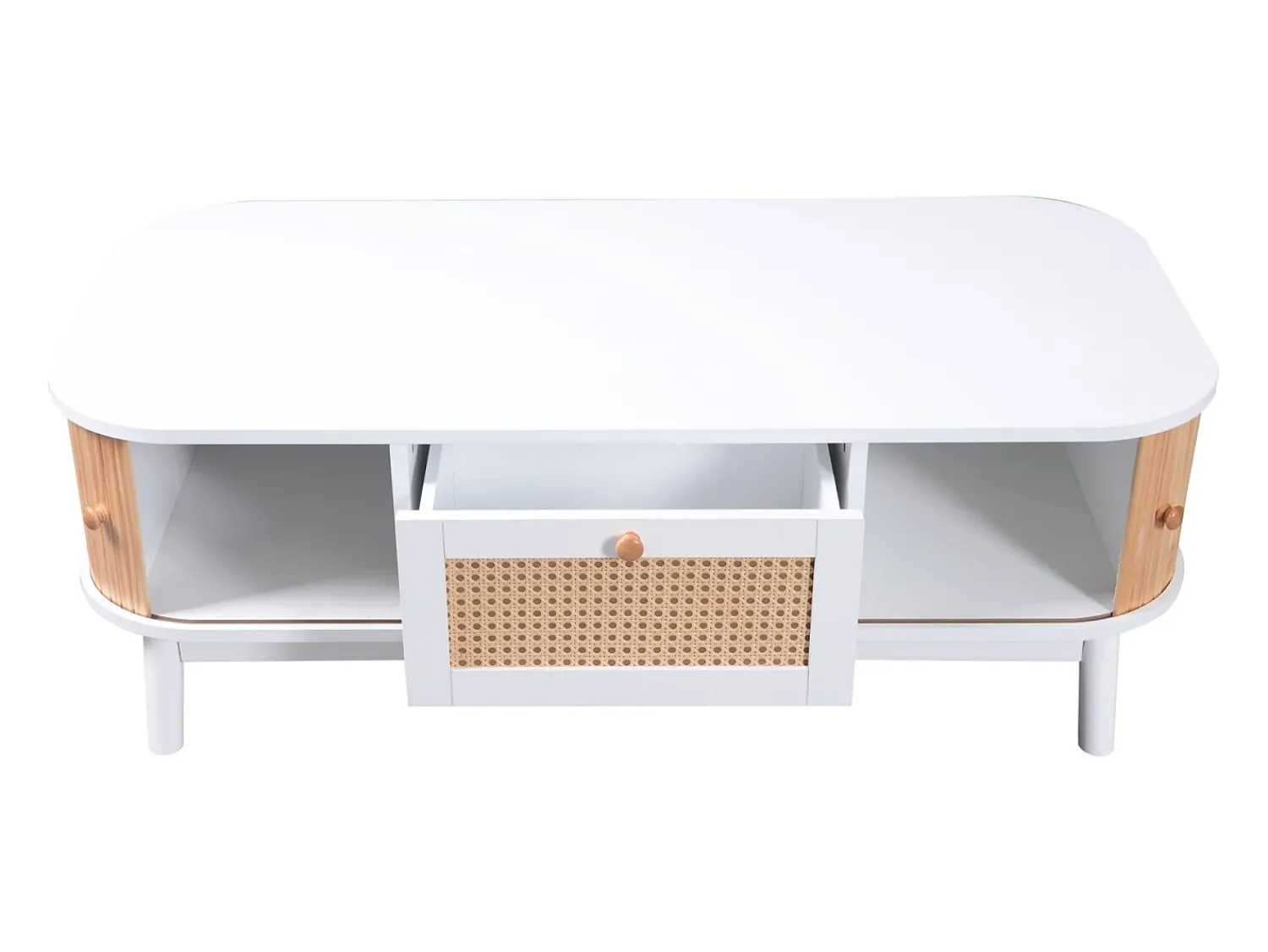 Mesa de centro com gavetas e portas de correr, mesa de sala de estar com espaço de armazenamento, branca^ Mesa De Centro