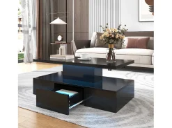 Mesa de centro com gavetas, lacado de alto brilho, mesa com dois níveis de arrumação, luz LED, 100 C x 50 L x 39 A cm^ Mesa De Centro