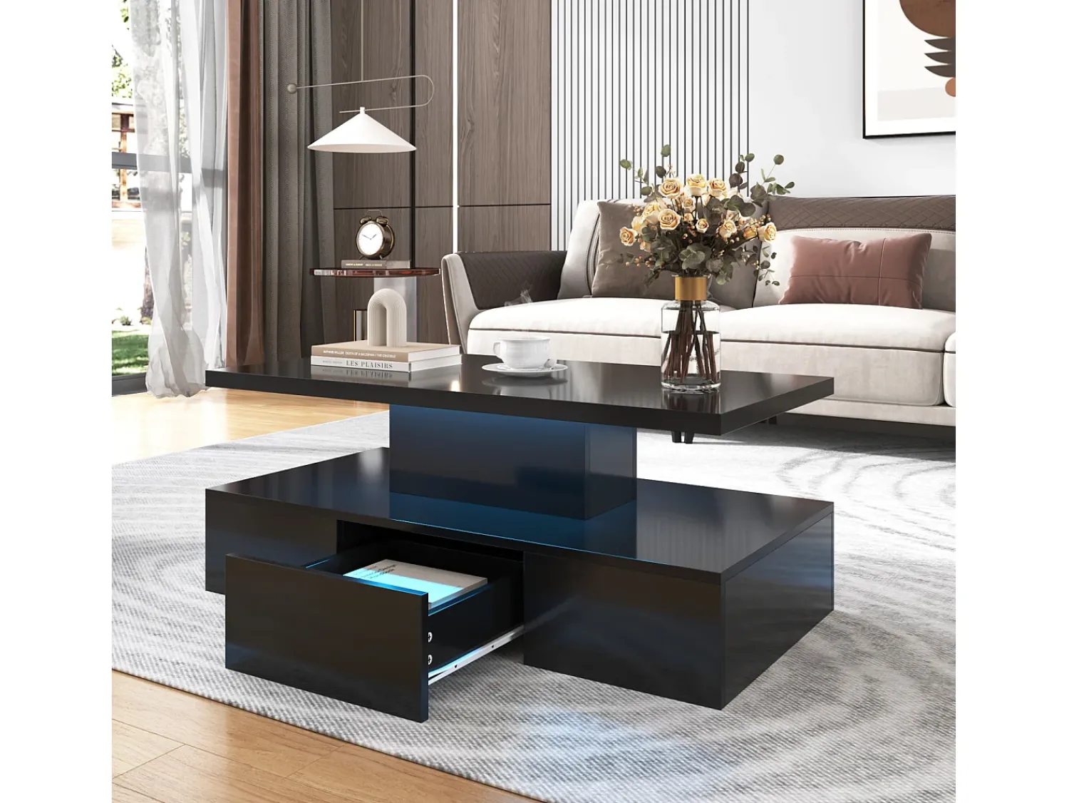 Mesa de centro com gavetas, lacado de alto brilho, mesa com dois níveis de arrumação, luz LED, 100 C x 50 L x 39 A cm^ Mesa De Centro